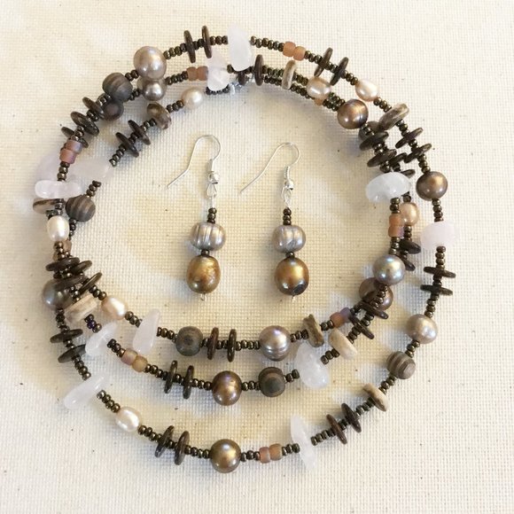 A'Luring Jewelry Jewelry - Rose in the Woods Necklace Earring Set Rose Quartz Pearls Gemstone Crystal Wood